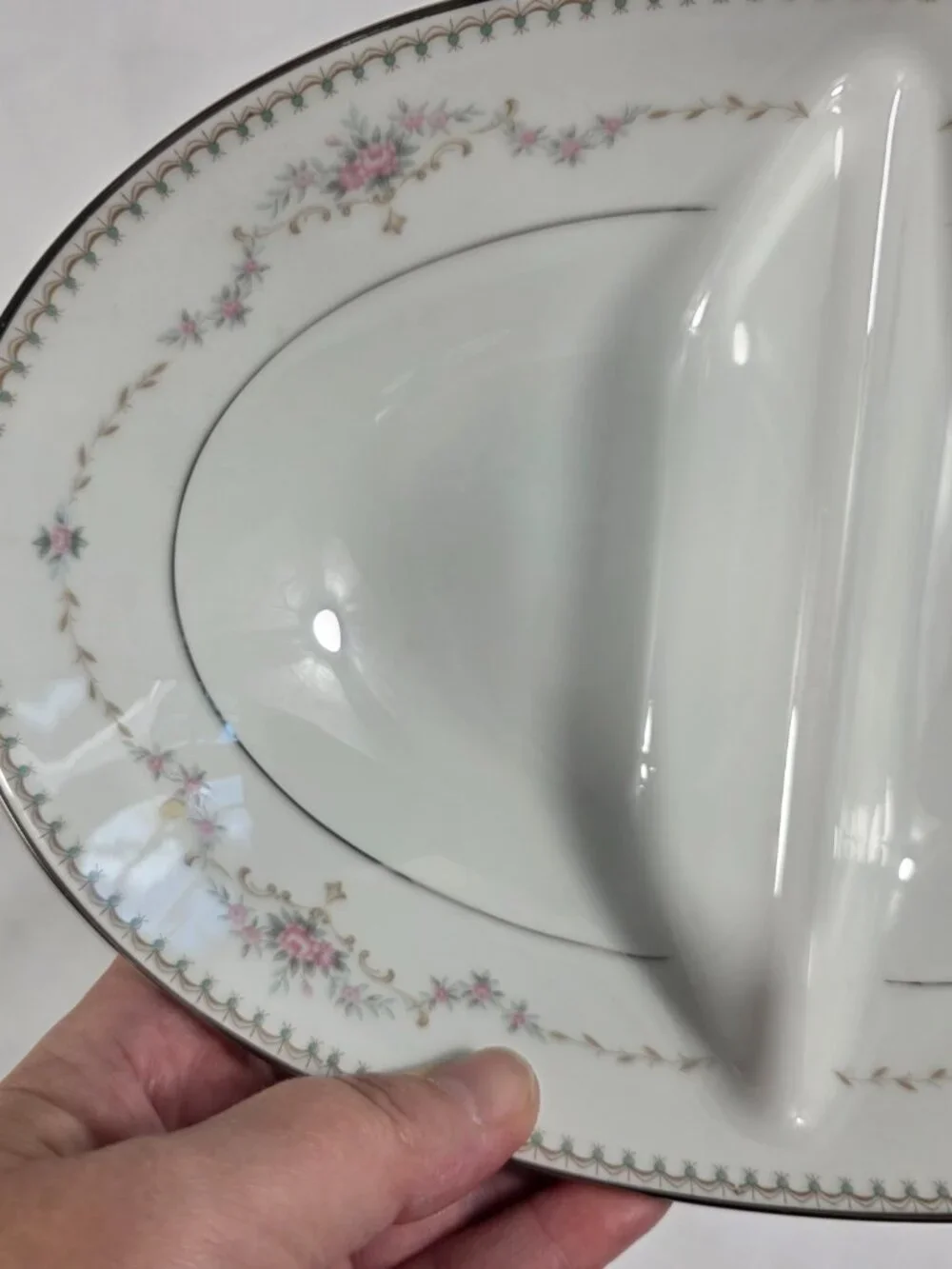 Noritake Fairmont Oval Divided Serving Bowl White with Pink Roses & Green Dots